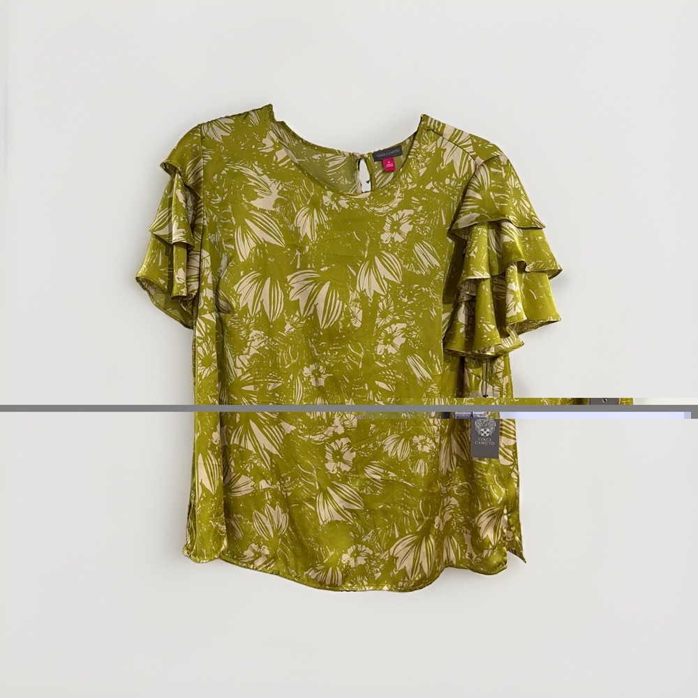 Vince Camuto Women's 2X Green Floral Blouse Tiered Flutter Sleeve Top NWT F21